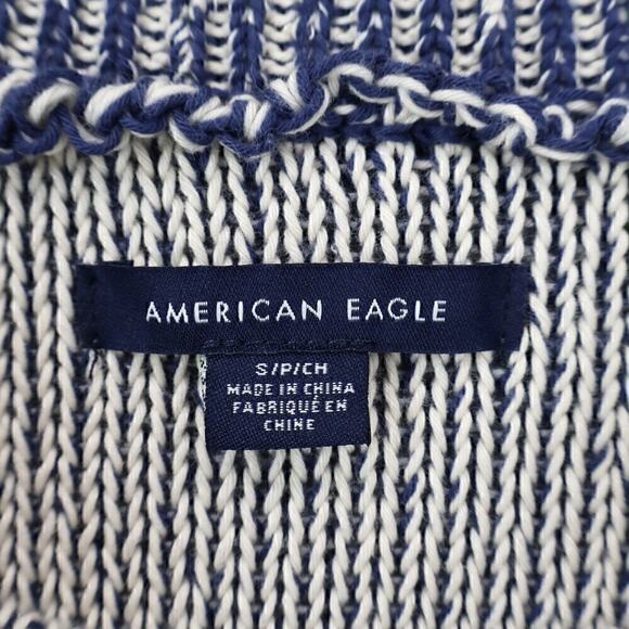 American Eagle RARE AE Logo Chunky Knit Navy Cream Pullover Sweater Size Small - Picture 4 of 8